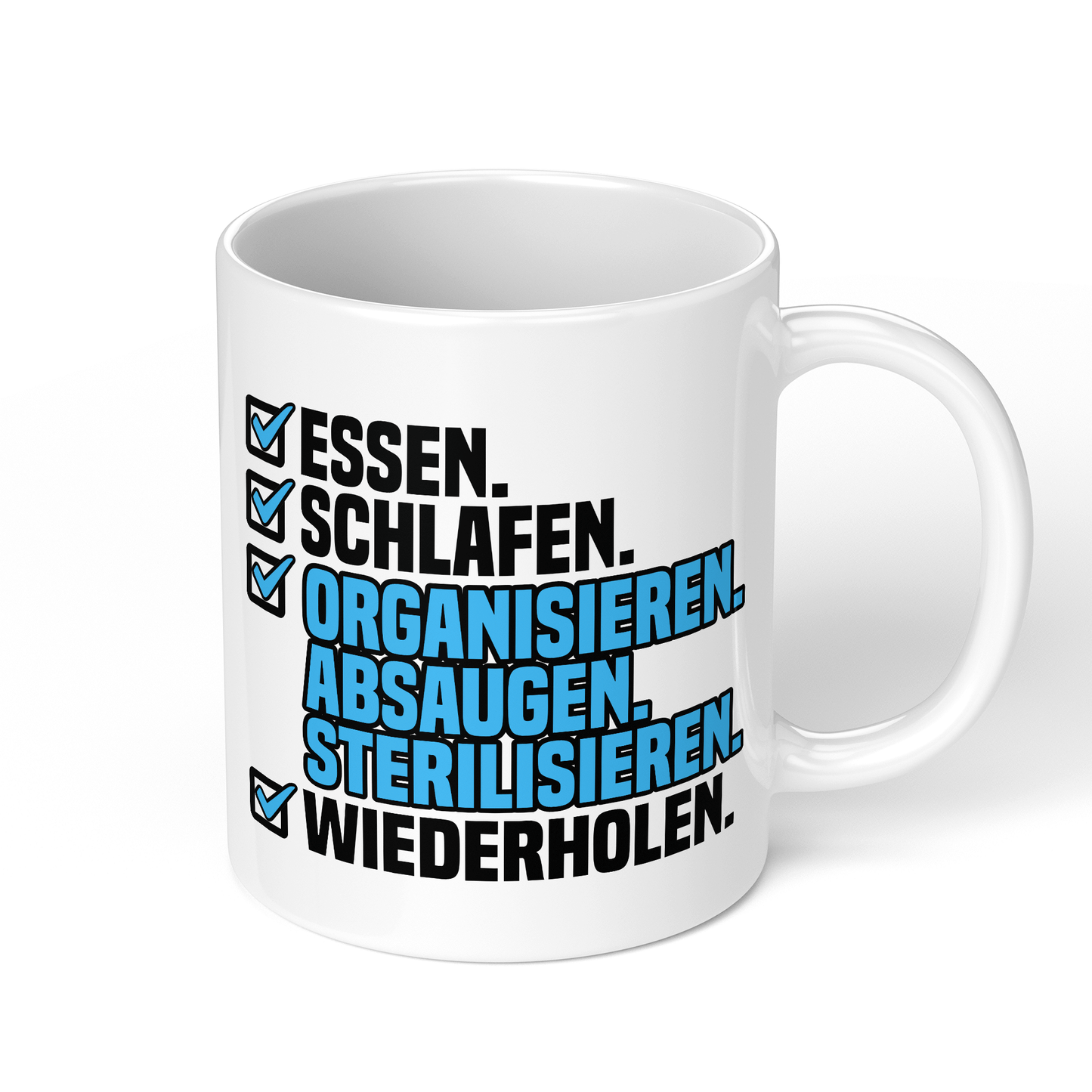 CupHaven® Zahnarzthelferin Tasse - Essen. Schlafen. Organisieren. Absaugen. Sterilisieren. Wiederholen. - Geschenk für Zahnmedizinische Fachangestellte oder ZFAs
