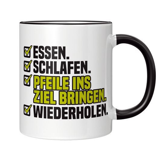 Bogenschießen Tasse – Essen. Schlafen. Pfeile ins Ziel bringen. Wiederholen. (Bogenschütze, Geschenk)