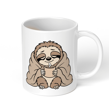 CupHaven® Faultier Tasse - Cozy Faultier mit Kaffee - Geschenk für Faultier-Liebhaber