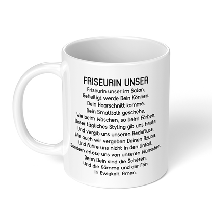 CupHaven® Friseur Tasse - "Friseurin Unser"-Gebet - Geschenk für Friseurinnen und Friseure