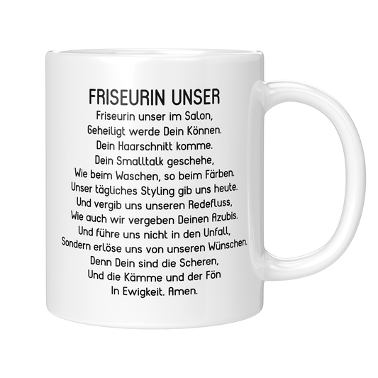 CupHaven® Friseur Tasse - "Friseurin Unser"-Gebet - Geschenk für Friseurinnen und Friseure