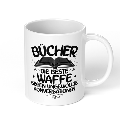CupHaven® Lesen Tasse - Bücher - Die beste Waffe gegen ungewollte Konversationen - Geschenk für Leseratten und Bücherwürmer