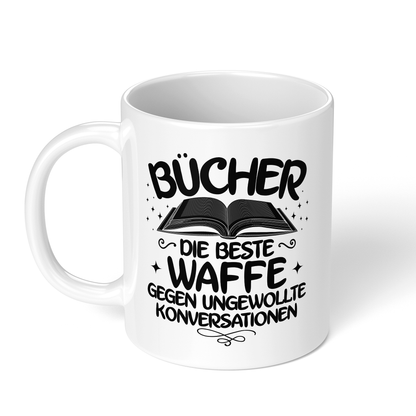 CupHaven® Lesen Tasse - Bücher - Die beste Waffe gegen ungewollte Konversationen - Geschenk für Leseratten und Bücherwürmer