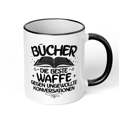 CupHaven® Lesen Tasse - Bücher - Die beste Waffe gegen ungewollte Konversationen - Geschenk für Leseratten und Bücherwürmer