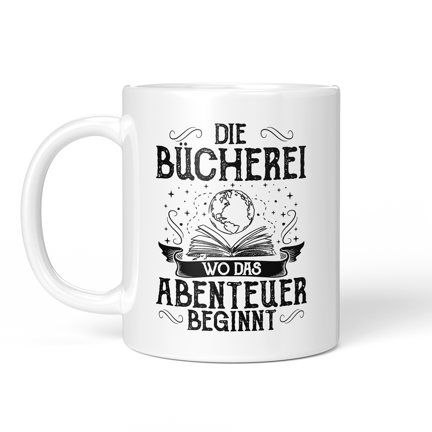 CupHaven® Lesen Tasse - Die Bücherei - Wo das Abenteuer beginnt - Geschenk für Leseratten und Bücherwürmer