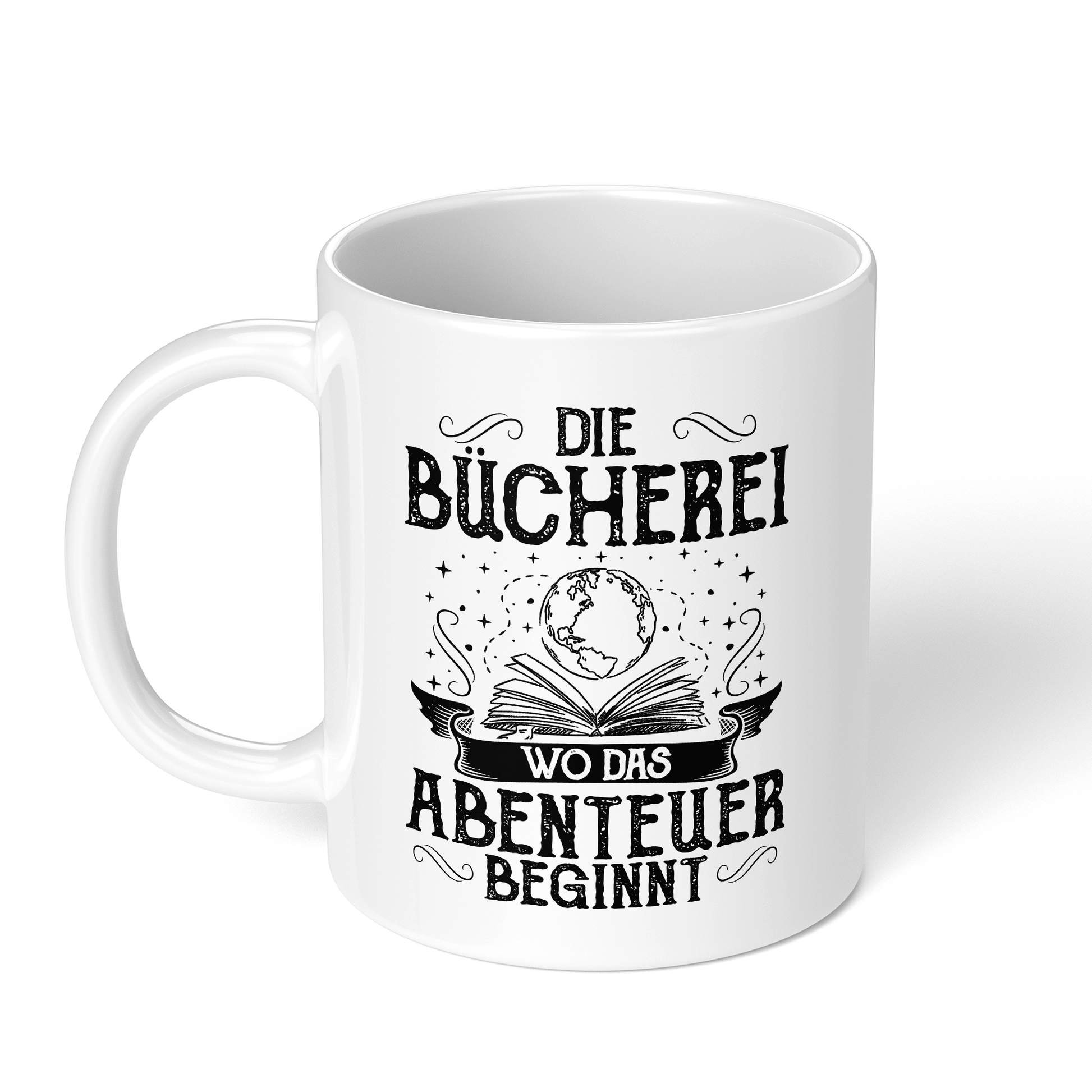CupHaven® Lesen Tasse - Die Bücherei - Wo das Abenteuer beginnt - Geschenk für Leseratten und Bücherwürmer