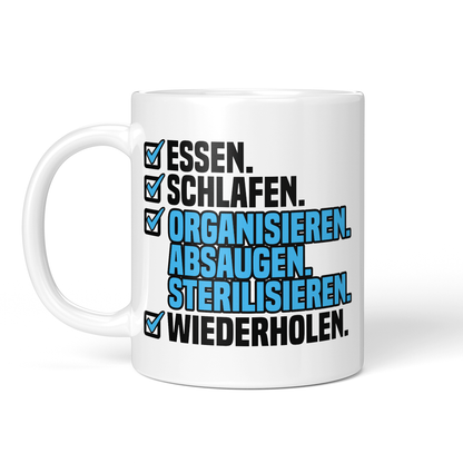 CupHaven® Zahnarzthelferin Tasse - Essen. Schlafen. Organisieren. Absaugen. Sterilisieren. Wiederholen. - Geschenk für Zahnmedizinische Fachangestellte oder ZFAs